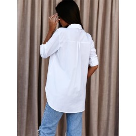 Solid Button Down Shirt, Casual Roll Up Sleeve Curved Hem Shirt, Women's Clothing