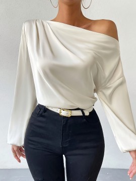 Solid One-shoulder Skew Neck Blouse, Elegant Long Sleeve Blouse For Spring & Fall, Women's Clothing