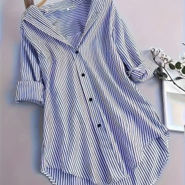 Stripe Print Polo Collar Button Shirt, Casual Long Sleeve Shirt For Spring & Fall, Women's Clothing