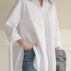 Solid Button Front Curved Hem Shirt, Casual Long Sleeve Shirt For Spring & Fall, Women's Clothing