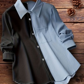 Colorblock Polo Collar Button Shirt, Casual Long Sleeve Shirt For Spring & Fall, Women's Clothing