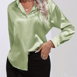 Solid Smoothly Shirt, Elegant Button Front Turn Down Collar Long Sleeve Shirt, Women's Clothing