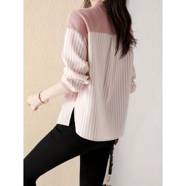 Contrast Striped Crew Neck Blouse, Elegant Long Sleeve Split Side Blouse For Spring & Fall, Women's Clothing