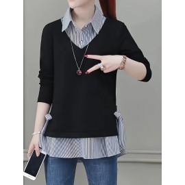 Striped Print Faux Twinset Blouse, Casual Long Sleeve Knot Hem Blouse For Spring & Fall, Women's Clothing