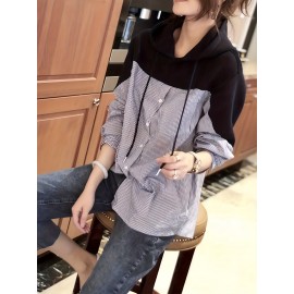Patchwork Striped Print Button Hoodie, Casual Cuff Sleeve Drawstring Hoodies Sweatshirt, Women's Clothing