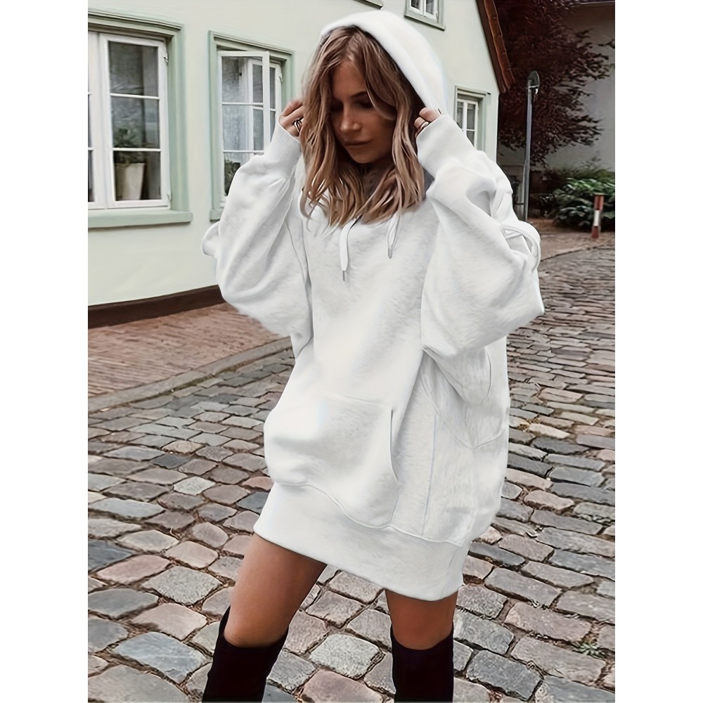 Solid Color Kangaroo Pocket Hoodie, Casual Long Sleeve Thigh Length Drawstring Hoodie Sweatshirt, Women's Clothing