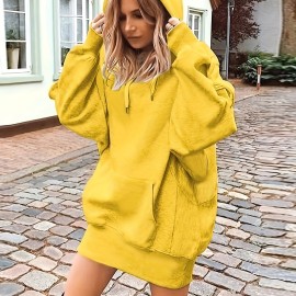 Solid Color Kangaroo Pocket Hoodie, Casual Long Sleeve Thigh Length Drawstring Hoodie Sweatshirt, Women's Clothing