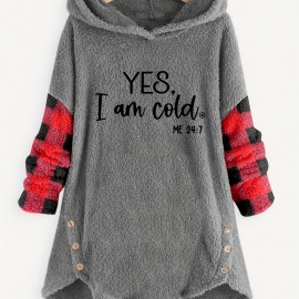 Letter Print Fleece Loose Hoodie, Casual Button Long Sleeve Warm Sweatshirt, Women's Clothing