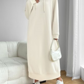 Solid Drawstring Hooded Dress, Casual Long Sleeve Loose Dress, Women's Clothing