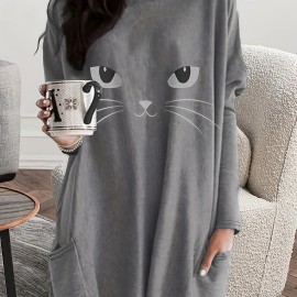 Cat Print Crew Neck Baggy Dress, Casual Long Sleeve Pocket Dress For Spring & Fall, Women's Clothing