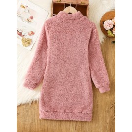 Solid Fuzzy Mock Neck Dress, Casual Long Sleeve Dress For Fall & Winter, Women's Clothing