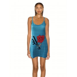 Rose Print Pocket Cami Dress, Casual Spaghetti Dress For Summer, Women's Clothing