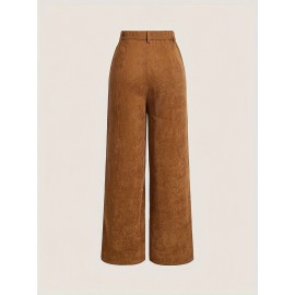 Solid Corduroy Straight Leg Pants, Vintage Patched Pocket Loose Pants, Women's Clothing
