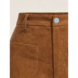 Solid Corduroy Straight Leg Pants, Vintage Patched Pocket Loose Pants, Women's Clothing