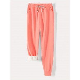 Solid Drawstring Thermal Sweatpants, Versatile Loose Comfy Jogger Pants, Women's Clothing