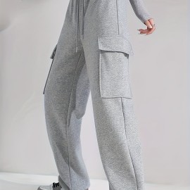 Solid Flap Pocket Loose Cargo Sweatpants, Casual Drawstring Pants For Spring & Fall, Women's Clothing
