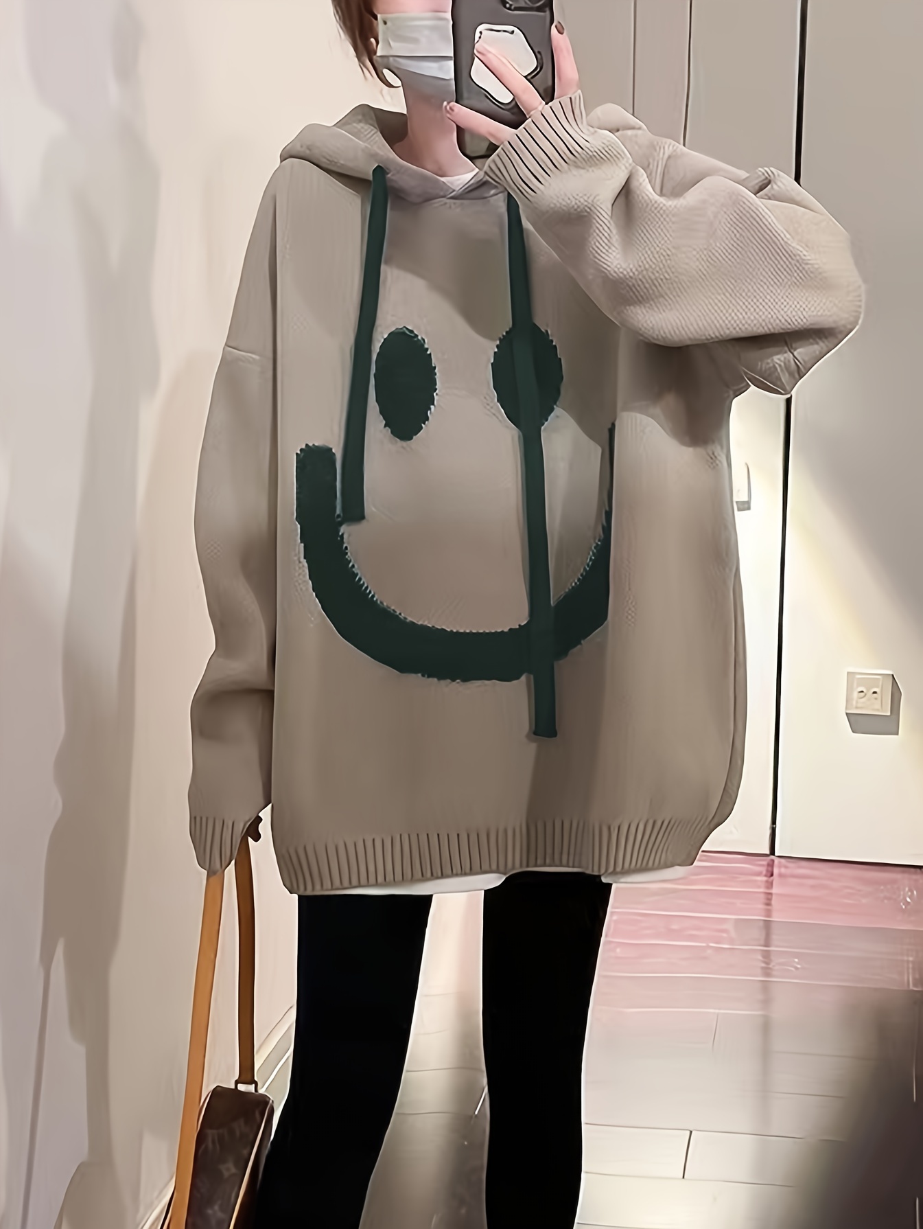 smile face print drawstring hoodie casual long sleeve drop shoulder top womens clothing details 2